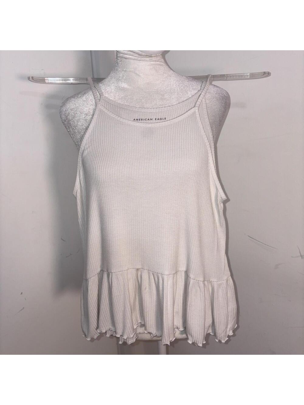 American Eagle White Soft & Sexy Ribbed Ruffle Hem Small Tank Top Cottage Boho